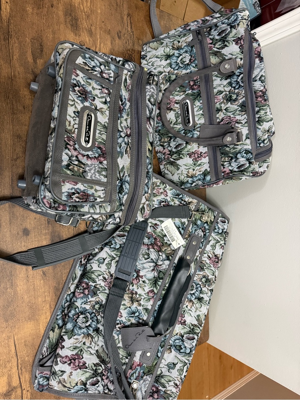 Oscar de la Renta Vintage Floral Tapestry Luggage Set in Gray and Multicolor